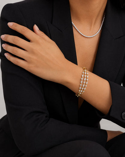 Three Row Marquise and Round Diamond Bangle Bracelet