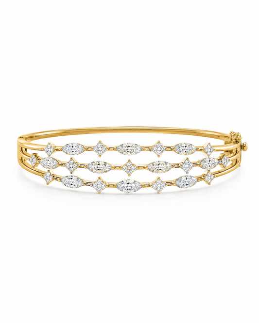 Three Row Marquise and Round Diamond Bangle Bracelet